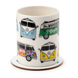 Porcelain mug and cork coaster set featuring the iconic Volkswagen VW T1 Camper Bus for a stylish coffee experience.