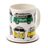 Porcelain mug with VW T1 Camper Bus design, 300ml, paired with a practical cork coaster for stylish sipping.