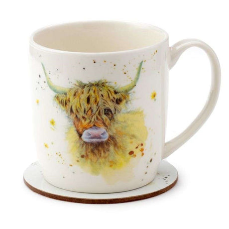 Jan Pashley Highland Coo porcelain mug and cork coaster set featuring a rustic cow design, ideal for beverages and stylish kitchen decor.