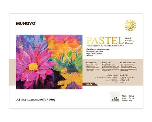 Mungyo A4 pastel pad with 30 sheets of 160gsm textured white paper for pencils and pastels, ideal for artists.