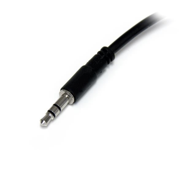 Slim stereo splitter cable with one 3.5mm male and two female connectors for sharing audio from a single source.