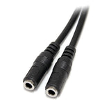 Slim stereo splitter cable with one male and two female connectors for sharing audio from a single headphone jack.