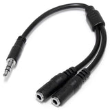 Slim stereo splitter cable with one 3.5mm male and two female connectors for sharing audio devices.