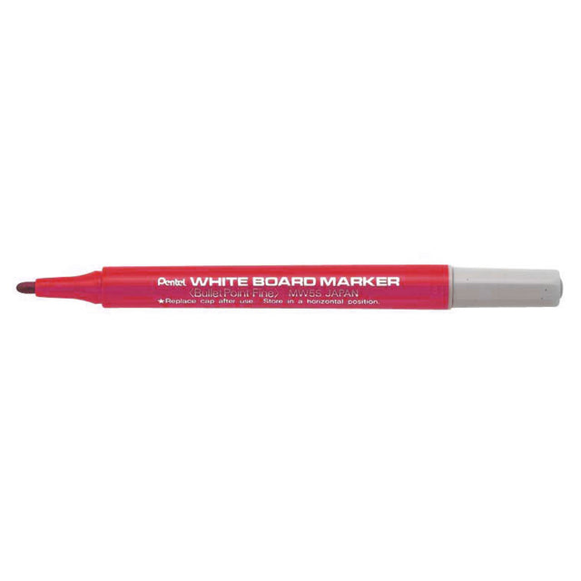 PENTEL red whiteboard markers with 1.3mm fine tip, ergonomic small barrel, pack of 12, ideal for precise writing and easy erasing.