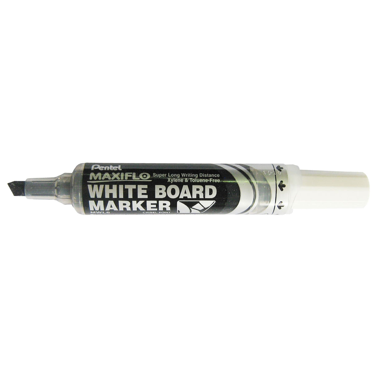 Pack of 12 PENTEL MAXIFLO black chisel-tip whiteboard markers, featuring innovative rejuvenation system and eco-friendly materials.