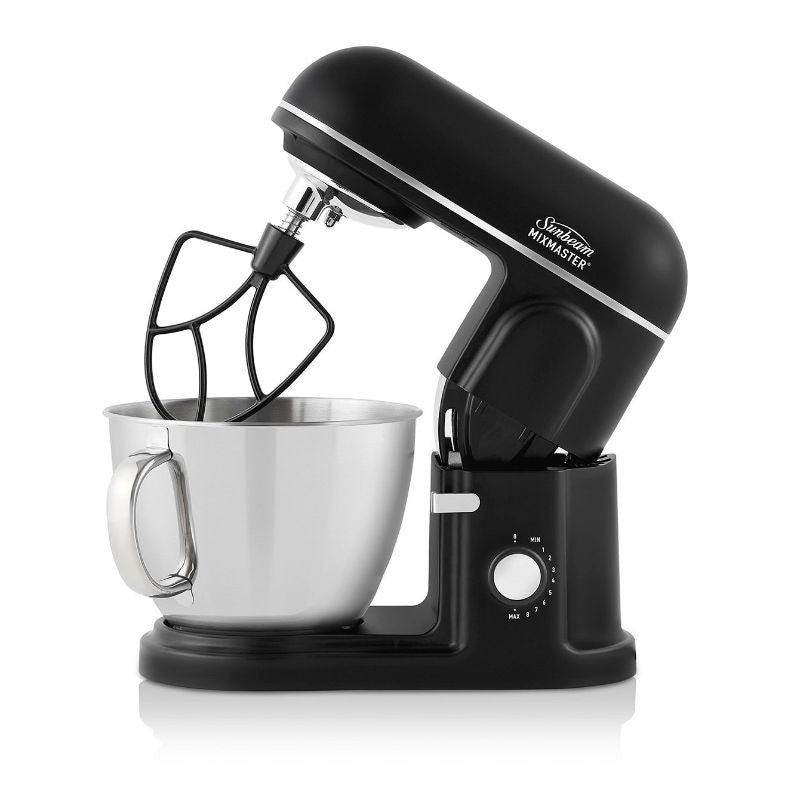 Sleek black Sunbeam stand mixer with 850W motor, 5L bowl, 8 speeds, and versatile accessories for effortless baking.