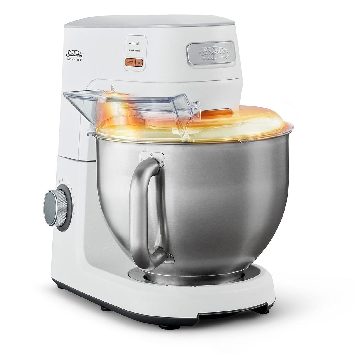 Sunbeam Mixmaster® HeatSoft™ Planetary Mixer MXM7000WH with gentle heat technology for quick softening and melting in one bowl.