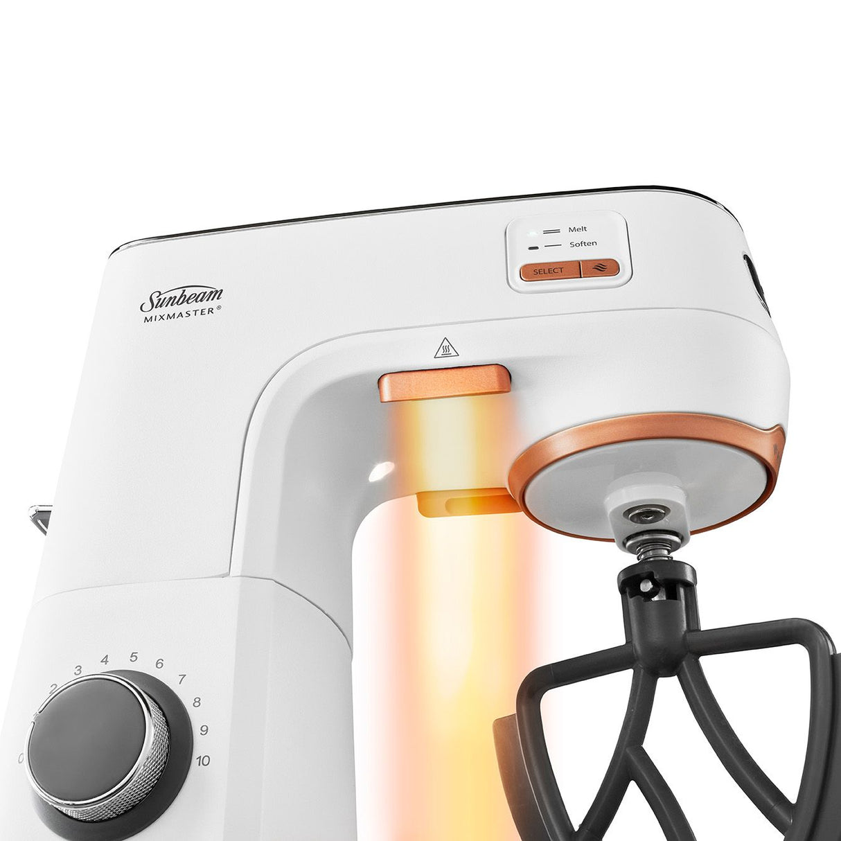 Sunbeam Mixmaster HeatSoft Planetary Mixer, featuring gentle heat for perfect melting and softening, ideal for bakers.