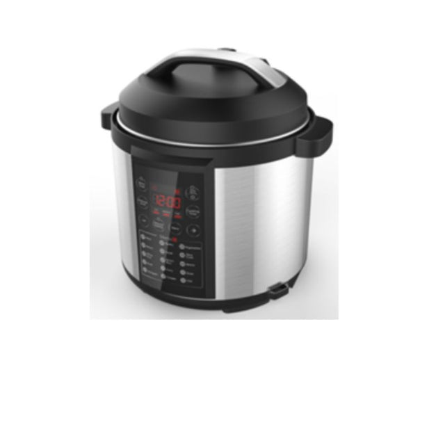 Midea 6L Pressure Cooker with 15 presets, safety features, and one-touch control for versatile cooking.