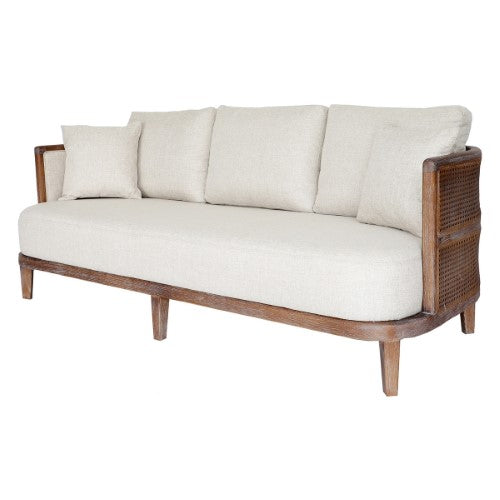 Elegant Bali 2 Seat Sofa, 1.88m, with plush linen fabric, solid oak frame, and rattan accents for a cozy, stylish living space.