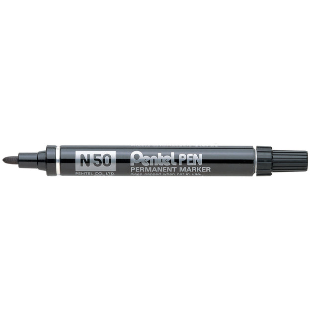 PENTEL permanent markers pack of 12, featuring 1.5mm bullet nibs, waterproof ink, ideal for various surfaces and uses.