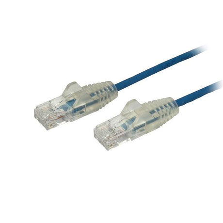 1 m slim CAT6 cable in blue with snagless RJ45 connectors, designed for reliable Gigabit network connections in tight spaces.