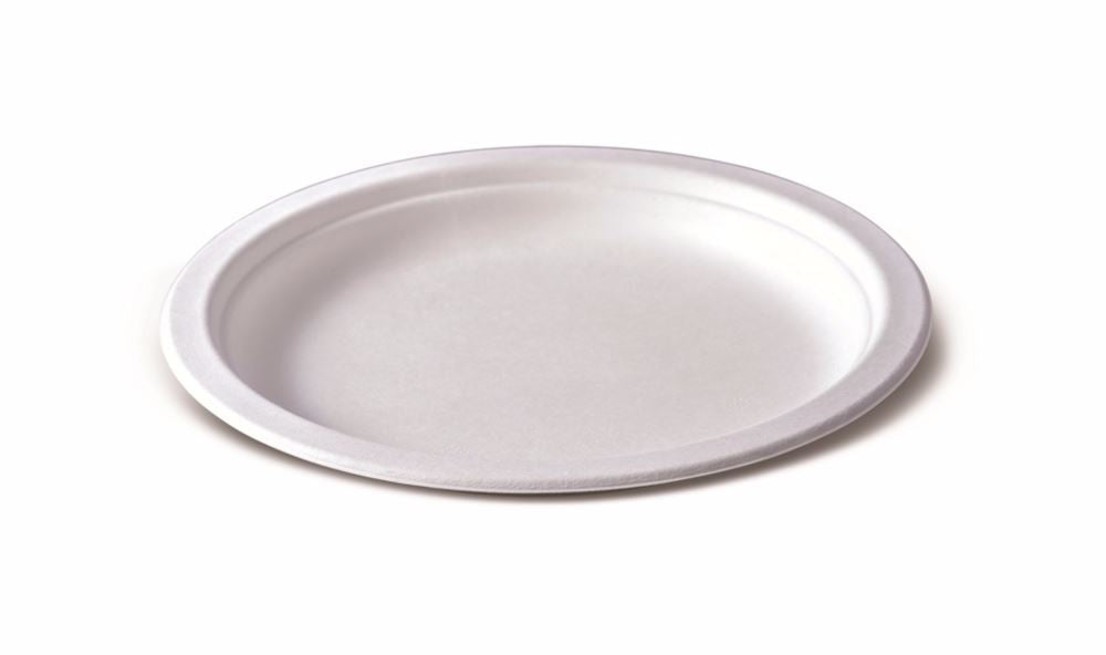 Eco-friendly 9" sugarcane plates, pack of 50, ideal for hot/cold foods, biodegradable and microwave safe.