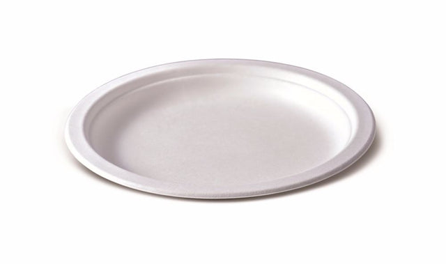 Eco-friendly 9" sugarcane plates, pack of 50, ideal for hot/cold foods, biodegradable and microwave safe.