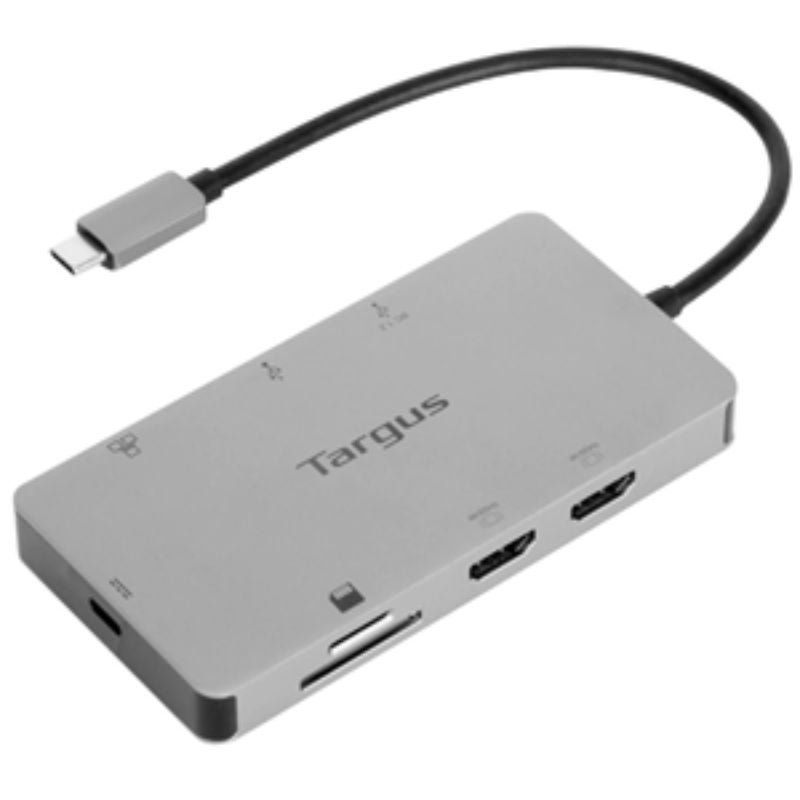 Targus USB-C Dual HDMI 4K Docking Station with 100W PD for dual 4K displays, USB ports, Ethernet, and SD card access.