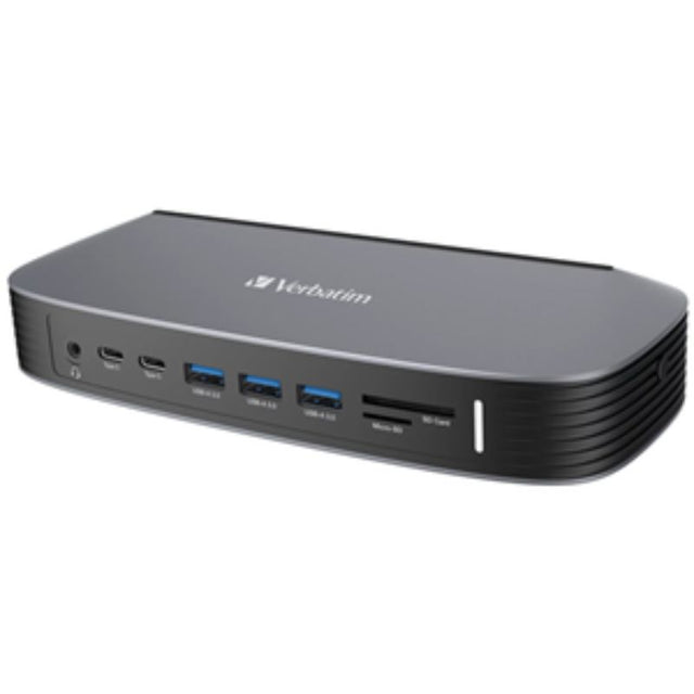 Verbatim 13-in-1 Type-C Dock: versatile connectivity with dual HDMI, USB 3.0 ports, 70W Power Delivery, and security features.