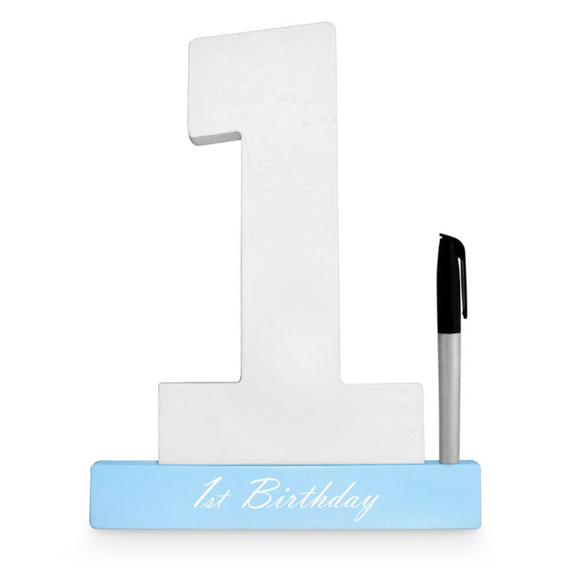Blue 1st birthday sign for guests to write messages, crafted as a lasting keepsake, includes a black marker.