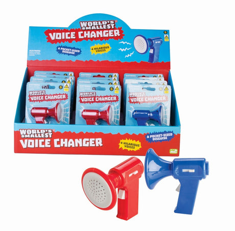 Set of 12 pocket-sized voice changers with 4 funny voices, perfect for parties and pranks in vibrant colors.