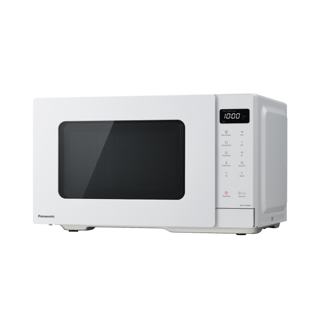 Compact Panasonic NN-ST34NWQPQ Microwave Oven, 900W, 25L capacity, with 8 auto menus and push-open door design.