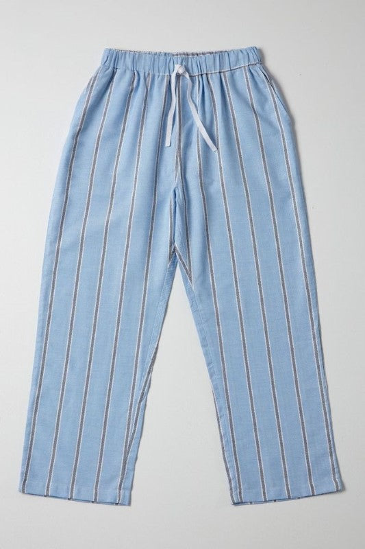 Lightweight XL PJ pants with dark blue stripes on light blue, featuring an elastic waistband, drawstring, and pockets.