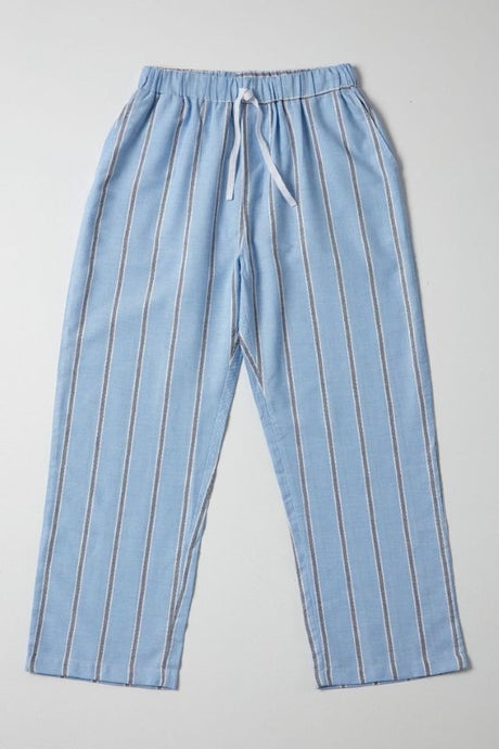 Lightweight XL PJ pants with dark blue stripes on light blue, featuring an elastic waistband, drawstring, and pockets.