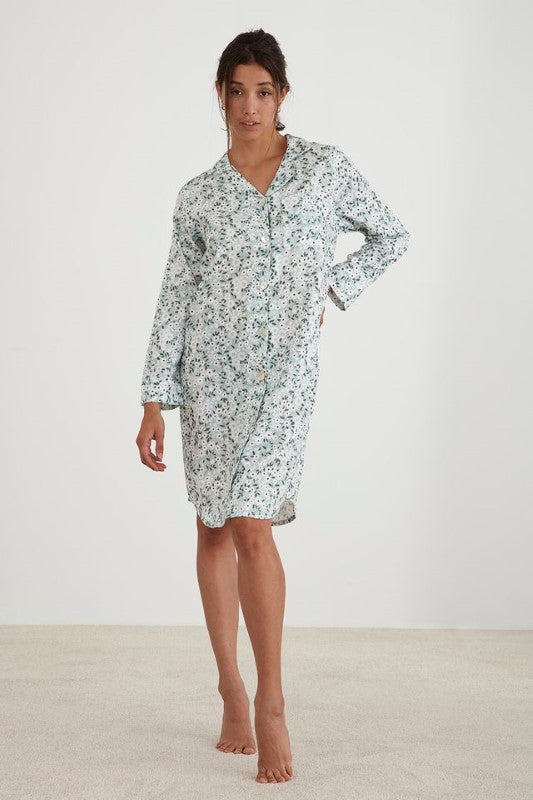 Green floral print long sleeve nightshirt by BAKSANA, ethically made in Turkey, size large.