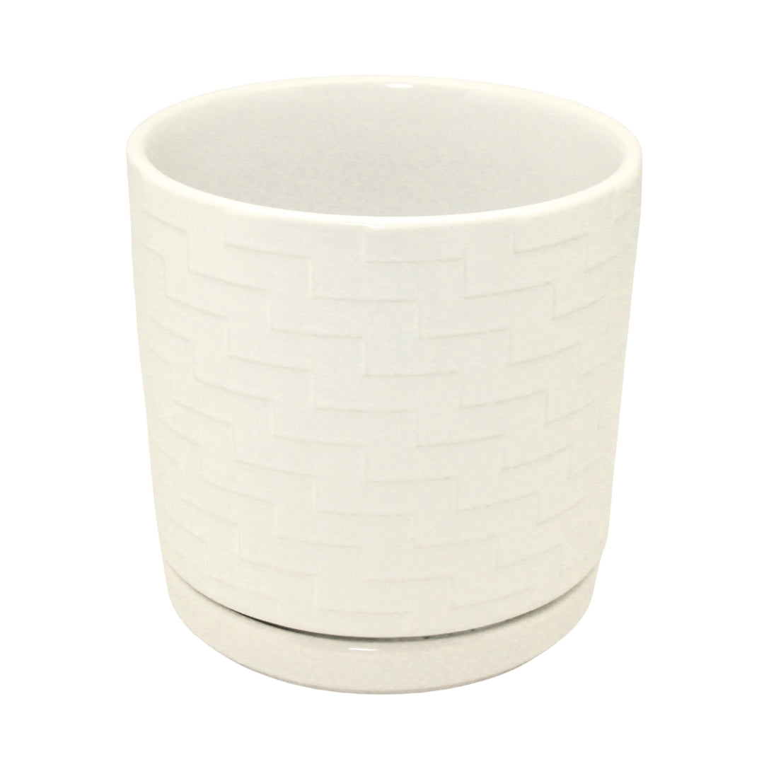 White Patterned Ceramic Pot with Drainage Hole and Plate