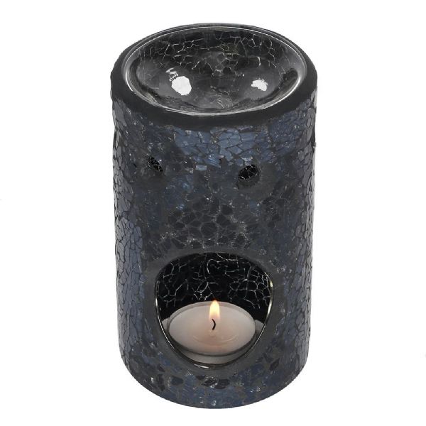 Oil Burner - Black Pillar Crackle Glass Oil Burner