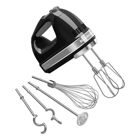 KitchenAid Artisan 9 Speed Hand Mixer in Onyx Black with 85W motor, 9 speeds, and premium stainless steel accessories.