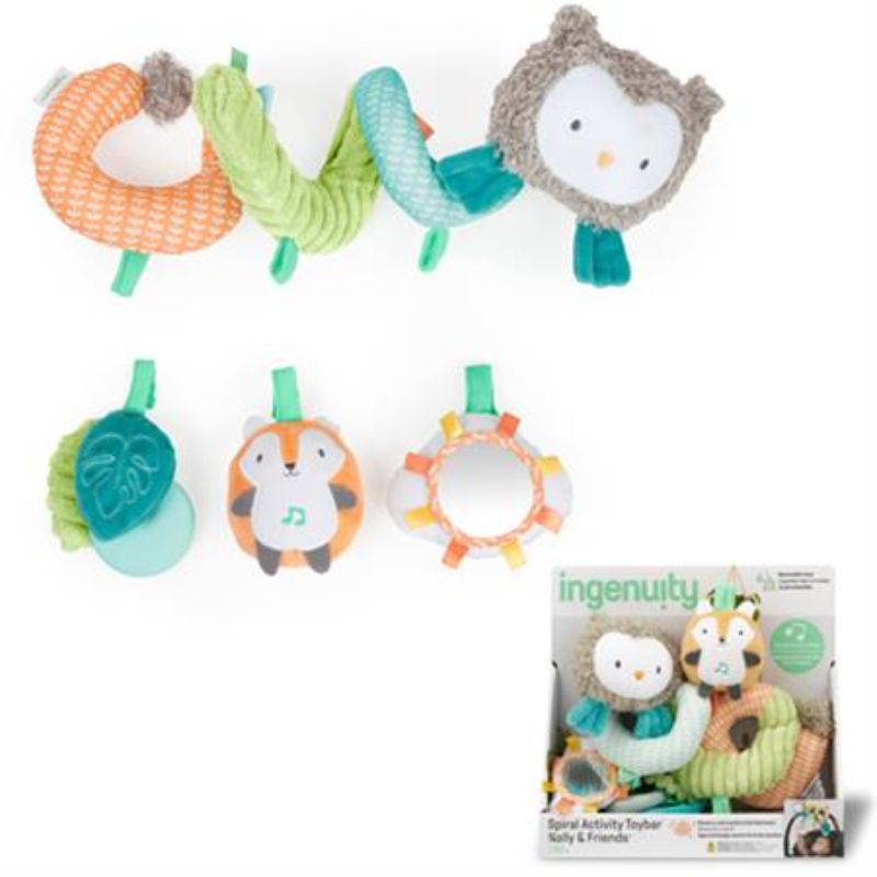 Soft fabric spiral toy bar featuring Nally the owl and removable toys for sensory exploration in baby carriers and strollers.