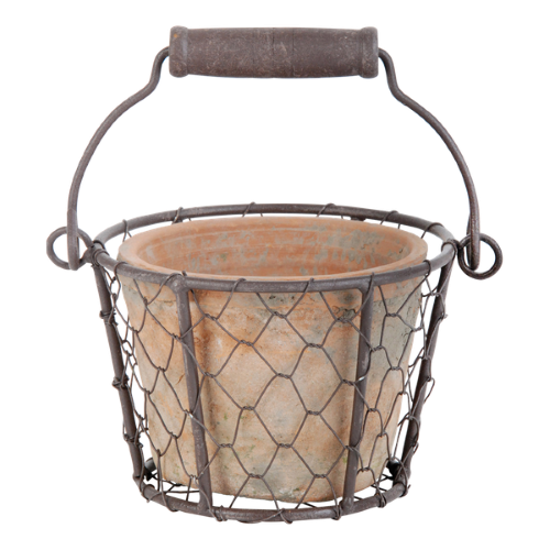 Rustic terracotta pots in wire baskets with handles, perfect for indoor plants or outdoor displays, set of 2.