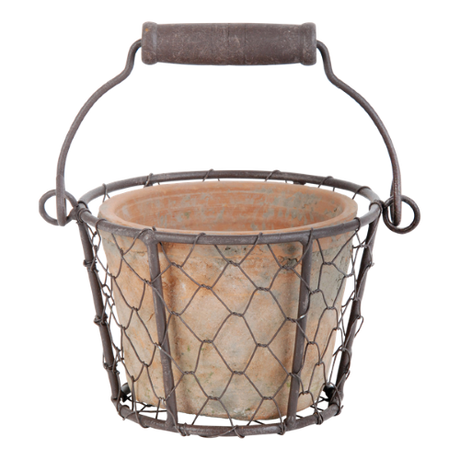 Rustic terracotta pots in wire baskets with handles, perfect for indoor plants or outdoor displays, set of 2.