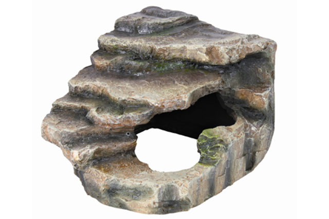 Realistic Corner Rock, Cave & Platform for reptiles, 16x12x15cm; durable resin enhances habitat and promotes natural behaviors.