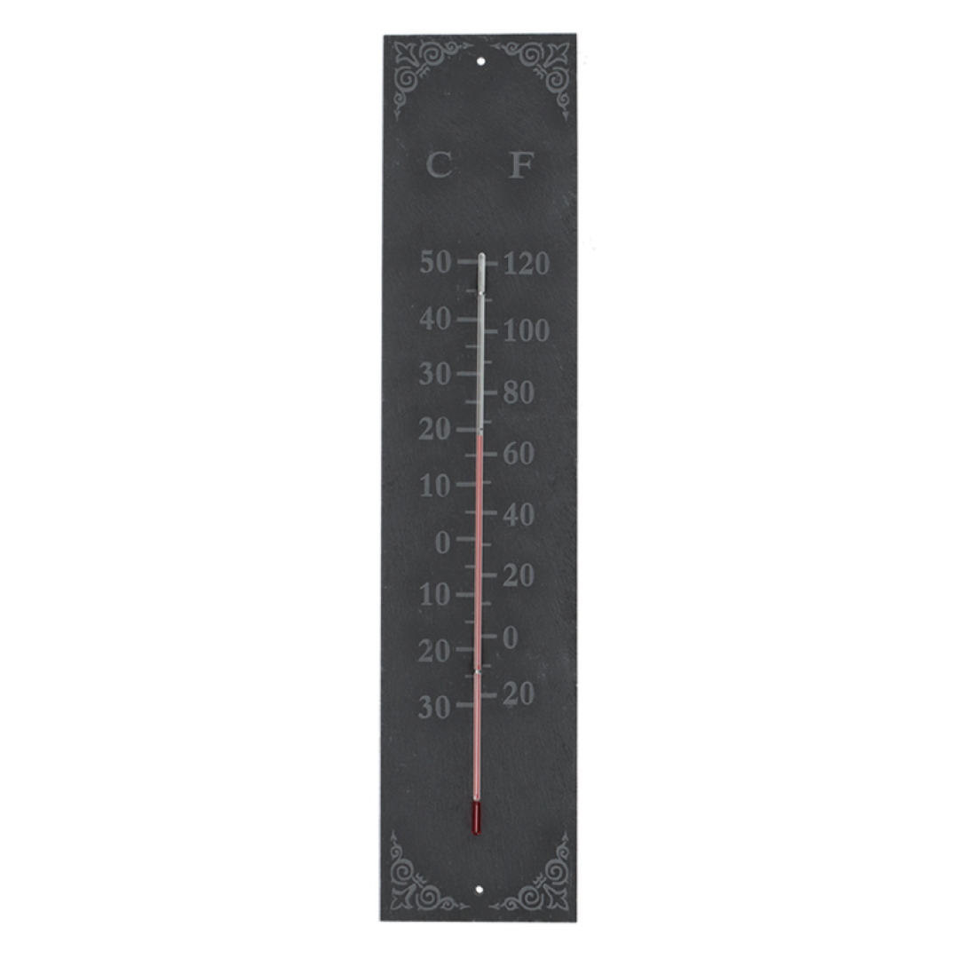 Sleek black slate thermometer displaying dual scale temperatures, perfect for indoor or outdoor decor, measuring 10 x 45 cm.