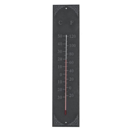 Sleek black slate thermometer displaying dual scale temperatures, perfect for indoor or outdoor decor, measuring 10 x 45 cm.