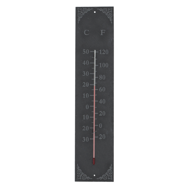 Sleek black slate thermometer displaying dual scale temperatures, perfect for indoor or outdoor decor, measuring 10 x 45 cm.