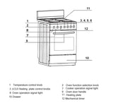 White freestanding electric stove with 60L oven, solid plate cooktop, 4 control knobs, and triple glazed door.