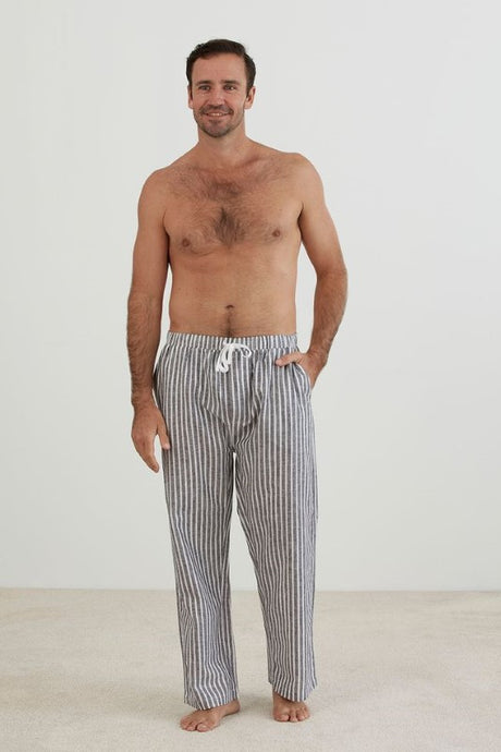 Grey and white striped PJ pants with elastic waistband and side pockets, made from cotton and linen blend, ethically produced.