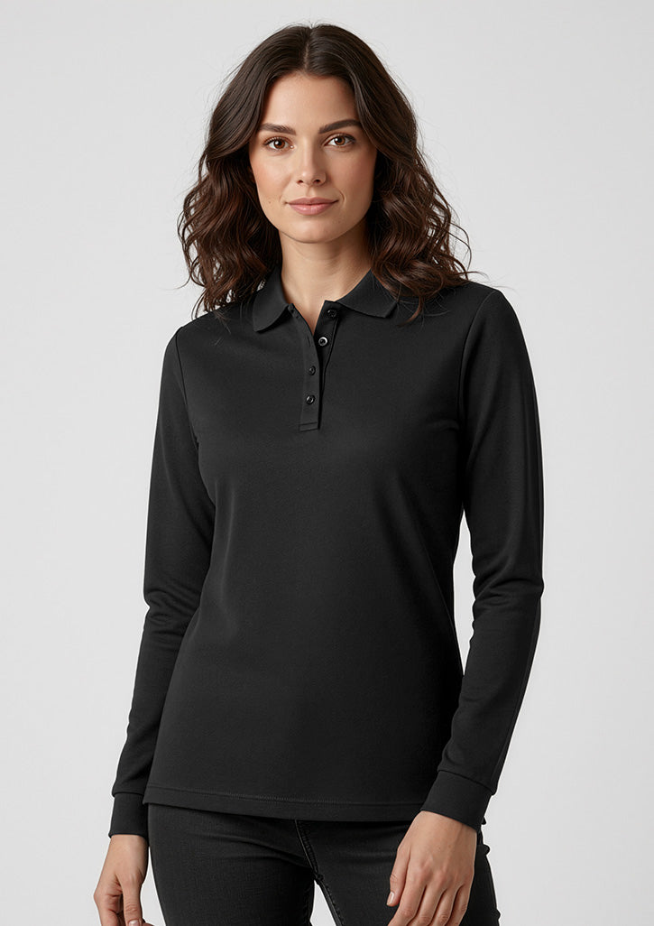 Action Womens Long Sleeve Polo - Black