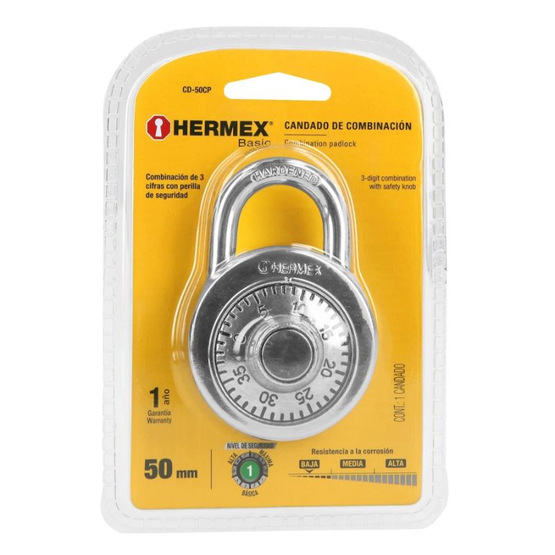 Combination Padlock - Dial 50mm Hermex features a durable metal body with factory-fixed combo for easy, keyless security.