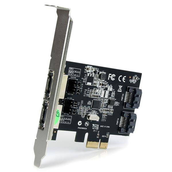 eSATA and SATA III PCIe controller card with 6Gbps speeds, supports internal/external connections, and multiple drives.