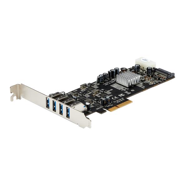 4 Port PCI Express USB 3.0 card with dedicated 5Gbps channels, UASP support, and power connectors for enhanced device charging.