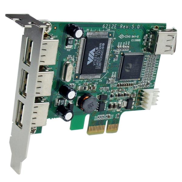 4 Port PCI Express USB Card with 3 external and 1 internal USB 2.0 port for high-speed data transfer, designed for compact setups.