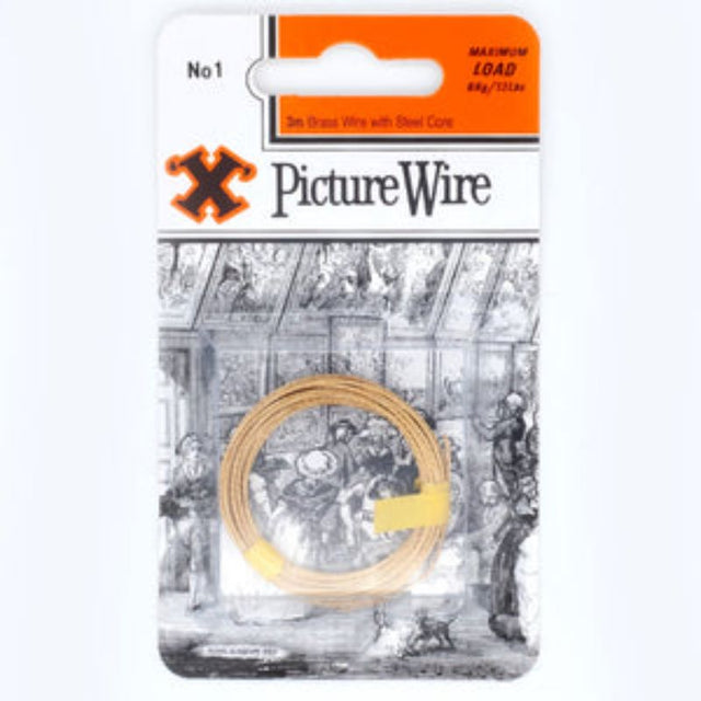 Brass picture wire with steel core, 6kg capacity, ideal for standard frames with loops or rings.