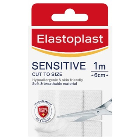 Elastoplast Sensitive Dressing Strips in 6cm x 10cm, hypoallergenic and latex-free, ideal for minor cuts on sensitive skin.