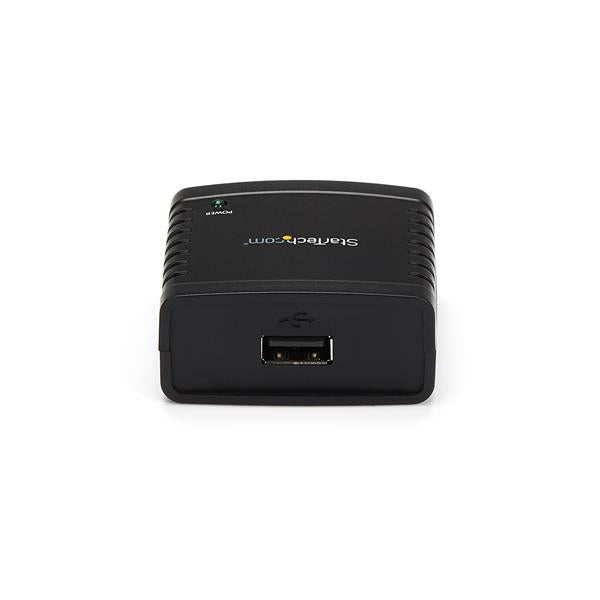 10/100Mbps Ethernet to USB 2.0 print server, ideal for network printing with multiple users, featuring easy web-based management.