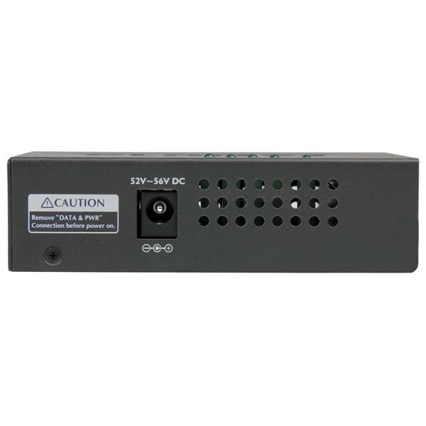 4-Port Gigabit Midspan PoE+ Injector in a rugged metal casing, powering up to four devices with plug-and-play simplicity.