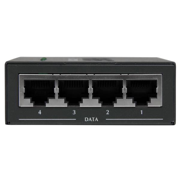 4-Port Gigabit Midspan PoE+ Injector with 120W total power, perfect for powering IP cameras and access points via Ethernet.