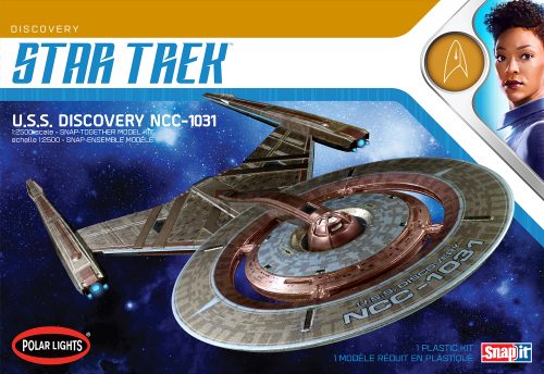 1/2500 scale plastic model kit of the Star Trek USS Discovery, featuring detailed decals and no glue required for assembly.