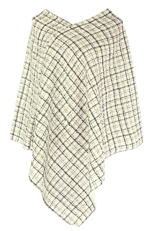 Elegant white textured check poncho made from 100% polyester, perfect for layering and all-season wear.
